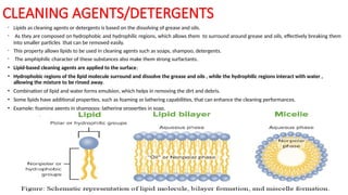 CLEANING AGENTS/DETERGENTS
• Lipids as cleaning agents or detergents is based on the dissolving of grease and oils.
• As they are composed on hydrophobic and hydrophilic regions, which allows them to surround around grease and oils, effectively breaking them
into smaller particles that can be removed easily.
• This property allows lipids to be used in cleaning agents such as soaps, shampoo, detergents.
• The amphiphilic character of these substances also make them strong surfactants.
• Lipid-based cleaning agents are applied to the surface;
• Hydrophobic regions of the lipid molecule surround and dissolve the grease and oils , while the hydrophilic regions interact with water ,
allowing the mixture to be rinsed away.
• Combination of lipid and water forms emulsion, which helps in removing the dirt and debris.
• Some lipids have additional properties, such as foaming or lathering capabilities, that can enhance the cleaning performances.
• Example: foaming agents in shampoos; lathering properties in soap.
 