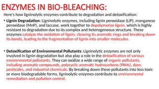 ENZYMES IN BIO-BLEACHING:
Here's how ligninolytic enzymes contribute to degradation and detoxification:
• Lignin Degradation: Ligninolytic enzymes, including lignin peroxidase (LiP), manganese
peroxidase (MnP), and laccase, work together to depolymerize lignin, which is highly
resistant to degradation due to its complex and heterogeneous structure. These
enzymes catalyze the oxidation of lignin, cleaving its aromatic rings and breaking down
its bonds, leading to the fragmentation of lignin into smaller molecules.
• Detoxification of Environmental Pollutants: Ligninolytic enzymes are not only
involved in lignin degradation but also play a role in the detoxification of various
environmental pollutants. They can oxidize a wide range of organic pollutants,
including aromatic compounds, polycyclic aromatic hydrocarbons (PAHs), dyes,
pesticides, and industrial chemicals. By breaking down these pollutants into less toxic
or more biodegradable forms, ligninolytic enzymes contribute to environmental
remediation and pollution control.
 