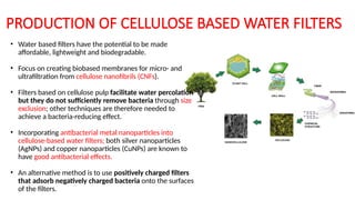 PRODUCTION OF CELLULOSE BASED WATER FILTERS
• Water based filters have the potential to be made
affordable, lightweight and biodegradable.
• Focus on creating biobased membranes for micro- and
ultrafiltration from cellulose nanofibrils (CNFs).
• Filters based on cellulose pulp facilitate water percolation
but they do not sufficiently remove bacteria through size
exclusion; other techniques are therefore needed to
achieve a bacteria-reducing effect.
• Incorporating antibacterial metal nanoparticles into
cellulose-based water filters; both silver nanoparticles
(AgNPs) and copper nanoparticles (CuNPs) are known to
have good antibacterial effects.
• An alternative method is to use positively charged filters
that adsorb negatively charged bacteria onto the surfaces
of the filters.
 