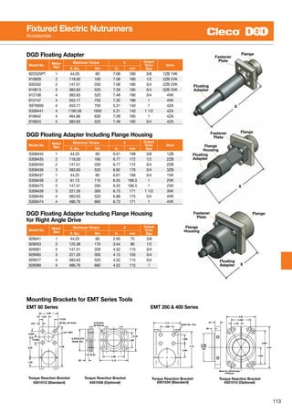 113
Fixtured Electric Nutrunners
Accessories
X
Flange
Fastener
Plate
Floating
Adapter
X
FlangeFastener
Plate
Floating
Adapter
Flange
Housing
X
FlangeFastener
Plate
Floating
Adapter
Flange
Housing
Model No.
Motor
Size
Maximum Torque X Output
Drive
Size
Drive
ft. lbs. Nm in. mm
922325PT 1 44.25 60 7.08 180 3/8 1ZB 1VK
910609 2 118.00 160 7.08 180 1/2 2ZB 2VK
935552 2 147.51 200 7.08 180 3/4 2ZB 2VK
910613 3 383.63 520 7.28 185 3/4 3ZB 3VK
912106 4 383.63 520 7.48 190 3/4 4VK
912147 4 553.17 750 7.32 186 1 4VK
S976956 4 553.17 750 5.31 140 1 4ZA
S308441 4 1180.09 1600 5.31 140 1 1/2 4ZA
916642 4 464.66 630 7.28 185 1 4ZA
916643 4 383.63 520 7.48 190 3/4 4ZA
DGD Floating Adapter
Model No.
Motor
Size
Maximum Torque X Output
Drive
Size
Drive
ft. lbs. Nm in. mm
S308434 1 44.25 60 6.61 168 3/8 1ZB
S308435 2 118.00 160 6.77 172 1/2 2ZB
S308450 2 147.51 200 6.77 172 3/4 2ZB
S308436 3 383.63 520 6.92 176 3/4 3ZB
S308437 1 44.25 60 6.61 168 3/4 1VK
S308438 2 81.13 110 6.55 166.5 1 2VK
S308475 2 147.51 200 6.55 166.5 1 2VK
S308439 3 221.26 300 6.73 171 1 1/2 3VK
S308440 4 383.63 520 6.88 175 3/4 4VK
S308474 4 486.79 660 6.73 171 1 4VK
DGD Floating Adapter Including Flange Housing
Model No.
Motor
Size
Maximum Torque X Output
Drive
Sizeft. lbs. Nm in. mm
929041 1 44.25 60 2.95 75 3/8
929053 2 125.38 170 3.54 90 1/2
929061 2 147.51 200 4.52 115 3/4
929065 3 221.26 300 4.13 105 3/4
929077 4 383.63 520 4.52 115 3/4
929089 4 486.79 660 4.52 115 1
DGD Floating Adapter Including Flange Housing
for Right Angle Drive
DIA.
.502.47
16.63 FOR EMT80-2P, -3P, -4P AND -6P
5.20
3/8 AVAILABLE
1/2 SQ. DRIVE STANDARD
2.53 DIA
2.65
1.65
2.38
3.13
2.06
1.3125
.375
1.031
(4) Places
4.38
Torque Reaction Bracket
#201012 (Standard)
Torque Reaction Bracket
#201039 (Optional)
2.25
1.00
0.625
0.625
.50
.38
Guide Dia.
2.375/2.373
3/4” NPT
5/16 Slot.38 Dia. (4) Holes
2.46
1.69
EMT80-10P-3/8-29P
EMT80-6P-1/2-29P
EMT80-4P-1/2-29P
EMT80-3P-1/2-29P570409
570401
570408
570407
PART NO. MODEL
EMT80-P FIXT
RIGHT ANGLE NUT
WITH 29-PIN CON
-P ANGLE HEAD CAPACITY:60 FT
NOTE:TOOL OUTPUT EXCEEDS A
Mounting Brackets for EMT Series Tools
3.248
3.250
.38
Slots for 3/8 Screws
4-Places
Torque Reaction Bracket
#201034 (Standard)
Torque Reaction Bracket
#201510 (Optional)
1/2, 5/8',  3/4 SQUARE DRIVE AVAILABLE
21.00 FOR EMT200-2V, -3V, -4V AND -5V
3.69
1.67
.63
25/64 Dia. Thru
Dia.
3.12
4.19
1.640
1.000
1.500
2.73
3.25 DIA
4.84
3.897
1.949
3.38
.63
1.125
2.250
2.19
DIA.
EMT 80 Series EMT 200  400 Series
 
