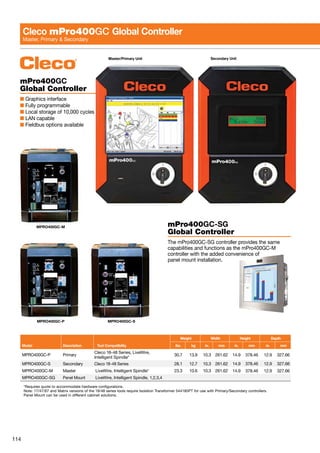 114
Cleco mPro400GC Global Controller
Master, Primary  Secondary
mPro400GC
Global Controller
■ Graphics interface
■ Fully programmable
■ Local storage of 10,000 cycles
■ LAN capable
■ Fieldbus options available
mPro400GC-SG
Global Controller
The mPro400GC-SG controller provides the same
capabilities and functions as the mPro400GC-M
controller with the added convenience of
panel mount installation.
Weight Width Height Depth
Model Description Tool Compatibility lbs. kg in. mm in. mm in. mm
MPRO400GC-P Primary
Cleco 18-48 Series, LiveWire,
Intelligent Spindle*
30.7 13.9 10.3 261.62 14.9 378.46 12.9 327.66
MPRO400GC-S Secondary Cleco 18-48 Series 28.1 12.7 10.3 261.62 14.9 378.46 12.9 327.66
MPRO400GC-M Master LiveWire, Intelligent Spindle* 23.3 10.6 10.3 261.62 14.9 378.46 12.9 327.66
MPRO400GC-SG Panel Mount LiveWire, Intelligent Spindle, 1,2,3,4
*Requires quote to accommodate hardware configurations.
Note: 17/47/67 and Matrix versions of the 18/48 series tools require Isolation Transformer 544185PT for use with Primary/Secondary controllers.
Panel Mount can be used in different cabinet solutions.
Master/Primary Unit Secondary Unit
MPRO400GC-M
MPRO400GC-P MPRO400GC-S
 