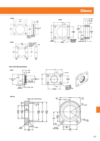 127
Ø .328 ± .006/.000
CSK Ø .346 x 60°
4 Places
Ø 2.374±.001
-X-1.800
.375
3.15
2.50
2.46
.735
543230
Ø .328 ± .006/.000
V Ø .346 x 60°
Both Sides
2 Places
3.00
1.750 .600
1.9852.545
543235
543232
543231
49087108
Inline Tools Mounting Plates
 