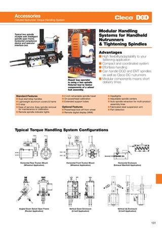 131
Accessories
Fixtured Nutrunner Torque Handling System
Modular Handling
Systems for Handheld
Nutrunners
 Tightening Spindles
Advantages
■ High flexibility/adaptability to your
	 fastening application
■ Compact and coordinated system
■ Effortless handling
■ Can handle DGD and EMT spindles
	as well as Cleco DC nutrunners
■ Modular components means short
	 delivery times
Repair bay operator
is using a two spindle
fixtured tool to fasten
components of a wheel
hub assembly.
Standard Features
■ Dual start/stop handles
■ Lightweight aluminum covers  frame
■ E-stop
■ Ease of service. Easy spindle removal
	 for maintenance or calibration
■ Remote spindle indicator lights
■ 2 inch retractable spindle travel
■ On-powerhead calibration
■ Extended support tubes
Optional Features
■ Powerhead kick-off from wheel
■ Remote digital display (MMI)
■ Headlights
■ Adjustable spindle centers
■ Auto spindle retraction for multi-product
	 assembly lines
■ Fabricated steel suspension arm
■ Part detection
Horizontal Rear Trunion Mount
(Wheelnut Application)
Angled Down Swivel Open Frame
(Rocker Application)
Horizontal Front Trunion Mount
(Wheelnut Application)
Vertical Down Enclosure
(U-bolt Application)
Horizontal Enclosure
(Exhaust Manifold Application)
Vertical Up Enclosure
(U-bolt Application)
Typical Torque Handling System Configurations
Typical two spindle
mutiple with Intelligent
spindle open frame,
horizontal compliance
device and operator
interface box.
 