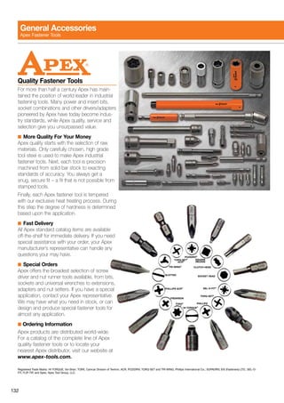 132
Quality Fastener Tools
For more than half a century Apex has main-
tained the position of world leader in industrial
fastening tools. Many power and insert bits,
socket combinations and other drivers/adapters
pioneered by Apex have today become indus-
try standards, while Apex quality, service and
selection give you unsurpassed value.
■	More Quality For Your Money
Apex quality starts with the selection of raw
materials. Only carefully chosen, high grade
tool steel is used to make Apex industrial
fastener tools. Next, each tool is precision
machined from solid bar stock to exacting
standards of accuracy. You always get a
snug, secure fit – a fit that is not possible from
stamped tools.
Finally, each Apex fastener tool is tempered
with our exclusive heat treating process. During
this step the degree of hardness is determined
based upon the application.
■	Fast Delivery
All Apex standard catalog items are available
off-the-shelf for immediate delivery. If you need
special assistance with your order, your Apex
manufacturer’s representative can handle any
questions your may have.
■	Special Orders
Apex offers the broadest selection of screw
driver and nut runner tools available, from bits,
sockets and universal wrenches to extensions,
adapters and nut setters. If you have a special
application, contact your Apex representative.
We may have what you need in stock, or can
design and produce special fastener tools for
almost any application.
■ Ordering Information
Apex products are distributed world-wide.
For a catalog of the complete line of Apex
quality fastener tools or to locate your
nearest Apex distributor, visit our website at
www.apex-tools.com.
Registered Trade Marks: HI-TORQUE, Voi-Shan; TORX, Camcar Division of Textron; ACR, POZIDRIV, TORQ-SET and TRI-WING, Phillips International Co.; SUPADRIV, EIS (Fasteners) LTD.; SEL-O-
FIT, FLIP-TIP, and Apex, Apex Tool Group, LLC.
POZIDRIV®
TORQ-SET®
ACR®
TORQ-SET®
SEL-O-FIT®
SOCKET HEAD
CLUTCH HEAD
SQUARE
RECESS
PHILLIPS ACR®
TORX®
HI-TORQUE®
PHILLIPS
®
FREARSON
TRI-WING®
SLOTTED
General Accessories
Apex Fastener Tools
 
