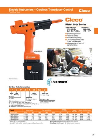 29
Electric Nutrunners – Cordless Transducer Control
Pistol Grip Tools
17BPYSB13Q
Data Transmission
X	–	2.4 GHz WLAN: WEP, WPA, WPA2, 802.1x
Y	–	Dual Band – 2.4/5 GHz WLAN: WEP, WPA, WPA2, 802.1x
Z	–	Xbee (4 tools/base station)
R	–	RF868MHz (4 tools/base station) EU only
Peripherals
S	–	Barcode Scanner
-	–	None
Motor
17
Tool Style
P – Pistol
Power
B-Battery
	 17	B	P	X	X	B	XX	Q
Max Torque (Nm)
Under 60Nm, rounded up to
the nearest 1Nm.
Battery
B – 26–48V
Output Drive
Q – Quick change
Cordless Tools Nomenclature
Pistol Grip Series
Torque Range	 Bolt Size
3.0 - 13 Nm	 M5 - M6
2.2 - 9.6 Ft. Lbs.	 #10 - 1/4”
■ Brushless precision
■ Resolver control
■ Transducer accuracy
■ On-board controller with
	 power management
■ Integrated servo with I/O
	 signal handling
Pistol Torque Range Free Speed (RPM)
Weight
Less Battery Output
Drive Size
Length With 26V Battery
Model Number Ft.Lbs. Nm 26V* 44V* Vmax lbs. kg in. mm
17BPYSB05Q 2.2-3.7 3-5 1639 2428 2428 3.34 1.52 1/4" Hex 8.44 214.5
17BPYSB07Q 2.2-5.2 3-7 1161 1721 1721 3.34 1.52 1/4" Hex 8.44 214.5
17BPYSB09Q 2.2-6.6 3-9 887 1314 1314 3.34 1.52 1/4" Hex 8.44 214.5
17BPYSB13Q 2.2-9.6 3-13 629 931 931 3.34 1.52 1/4" Hex 8.44 214.5
*Speed with fully charged battery.
General: All tools must be used with a approved Cleco line controller.
Standard Equipment: Integrated infrared communications.
Extra Equipment: See pages 123-125 for optional accessories.
(Apex u-Guard socket
shown above not included)
 