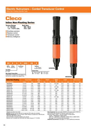 34
Inline Non-Floating Series
Torque Range	 Bolt Size
	 2 - 150 Nm	 M5 - M14
	 1.5 - 110 Ft. Lbs.	 #10 - 5/8”
■ Brushless precision
■ Resolver control
■ Transducer control
■ Memory intelligence
48ESE25D3
18ESE06Q
Inline Non-Floating Torque Range
Max.
Speed
Weight* Output
Drive
Size
Length Side to Center
Model Number ft. lbs. Nm RPM lbs. kg in. mm in. mm
18ESE06Q 1.5-4.4 2-6 4000 2.5 1.1 1/4” Hex 12.3 312 0.91 23
18ESE06D2 1.5-4.4 2-6 4000 2.5 1.1 1/4” 11.8 300 0.91 23
18ESE12Q 2.2-8.9 3-12 1820 2.7 1.2 1/4” Hex 13.0 330 0.91 23
18ESE12D3 2.2-8.9 3-12 1820 2.7 1.2 3/8” 12.4 315 0.91 23
18ESE17Q 3.0-12.5 4-17 1290 2.7 1.2 1/4” Hex 13.0 330 0.91 23
18ESE17D3 3.0-12.5 4-17 1290 2.7 1.2 3/8” 12.4 315 0.91 23
18ESE22D3 3.7-16.2 5-22 985 2.7 1.2 3/8” 12.4 315 0.91 23
18ESE31D3 5.2-22.9 7-31 695 2.7 1.2 3/8” 12.4 315 0.91 23
48ESE12Q 2.2-8.9 3-12 4000 3.0 1.4 1/4” Hex 13.5 343 0.91 23
48ESE12D2 2.2-8.9 3-12 4000 3.0 1.4 1/4” 13.0 330 0.91 23
48ESE25D3 4.4-18.4 6-25 1820 3.2 1.5 3/8” 13.6 345 0.91 23
48ESE36D3 5.9-26.6 8-36 1290 3.2 1.5 3/8” 13.6 345 0.91 23
48ESE48D3 7.4-35.4 10-48 985 3.3 1.5 3/8” 13.8 351 0.91 23
48ESE65D4 9.6-47.9 13-65 750 5.3 2.4 1/2” 16.6 420 1.13 29
48ESE90D4 14.0-66.4 19-90 510 5.6 2.5 1/2” 17.1 435 1.13 29
48ESE125D4 19.2-92.2 26-125 360 5.6 2.5 1/2” 17.1 435 1.13 29
48ESE150D4 22.9-110.6 31-150 240 5.6 2.5 1/2” 17.1 435 1.13 29
*Weights are without tool cable.
General: All tools must be used with an approved ATG cable and controller.
Standard Equipment: Air-LB Connector; Dead Handle is included with 18ES12Q and
18ES12D3. Ball retainer optional.
Tools with Matrix connector available upon request.
Reaction bar is included with inline tools with output torques of 17-150 NM.
Extra Equipment: Std. tool cable 301866-XX, RA swivel cable 301903-XX,
Inline swivel cable 301904-XX, Extension cable 301877-XX.
Mounting Plates:	 543231 - (all with exception of listed below)
543235 - 18ESE06Q/D2, 48ESE12Q/D2
49087108 - 48ESE65D4, 48ESE90D4, 48ESE125D4, & 48ESE150D4.
See page 127 for mounting plate dimensions.
Additional Accessories: See pages 121-129 for additional accessories.
Electric Nutrunners – Corded Transducer Control
Inline Non-Floating Spindle Tools
Max Output Torque (Nm)
Under 60 Nm, rounded up to the nearest 1 Nm.
Over 60 Nm, rounded to the nearest 5 Nm.
Motor
18, 48
Tool Style
S – Inline
Power
E-Electric
	 XX	E	 S	 E	XXX	 XX	 X
Output Drive
Q – Quick change	 D3 – 3/8” Sq.Dr.
D2 – 1/4” Sq.Dr.	 D4 – 1/2” Sq.Dr.
Retainer
- Pin retainer
B Ball retainer
Connector
Air-LB
 