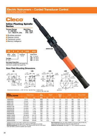 38
Inline Floating Spindle
Series
Torque Range	 Bolt Size
	 2 - 248 Nm	 M5 - M16
	 1.5 - 182.9 Ft. Lbs.	 #10 - 5/8”
■ Brushless precision
■ Resolver control
■ Transducer control
■ Memory intelligence
Inline
Floating Spindle
Torque Range
Max.
Speed
Weight* Output
Drive
Size
Length Side to Center
Model Number ft. lbs. Nm RPM lbs. kg in. mm in. mm
18ESE06ZA 1.5-4.4 2-6 4000 3.0 1.4 1/4 15.5 394 0.91 23
18ESE12ZA 2.2-8.9 3-12 1820 3.2 1.5 1/4 16.0 406 0.91 23
18ESE17ZA 3.0-12.5 4-17 1290 3.2 1.5 1/4 16.0 406 0.91 23
48ESE12ZA 2.2-8.9 3-12 4000 3.4 1.5 1/4 16.7 425 0.91 23
48ESE271ZB 5.9-19.9 8-27 1820 5.8 2.6 3/8 22.0 559 0.92 23
48ESE361ZB 5.2-26.6 7-36 1290 5.8 2.6 3/8 22.0 559 0.92 23
48ESE602ZB 8.1-42.0 11-57 855 8.4 3.8 1/2 24.4 620 1.10 28
48ESE702ZB 10.3-50.2 14-68 570 8.4 3.8 1/2 24.4 620 1.10 28
48ESE802ZB 12.5-60.5 17-82 450 9.6 4.4 1/2 26.7 678 1.10 31
48ESE1152ZB 18.4-84.8 25-115 320 9.6 4.4 1/2 26.7 678 1.10 31
48ESE1502ZB 22.9-110.6 31-150 245 9.6 4.4 1/2 26.7 678 1.10 31
48ESE1653ZB 24.3-121.7 33-165 220 14.6 6.6 3/4 28.6 726 1.57 40
48ESE2503ZB 36.8-182.9 50-248 145 14.6 6.6 3/4 28.6 726 1.57 40
*Weights are without tool cable or reaction bar if so equipped.
General: All tools must be used with an approved ATG cable and controller.
Standard Equipment: Air-LB Connector. Tool square drives have thru hole output.
Tools with Matrix connector available upon request.
Extra Equipment: Std. tool cable 301866-XX, RA swivel cable 301903-XX,
Inline swivel cable 301904-XX, Extension cable 301877-XX.
Additional Accessories: See pages 121-129 for additional accessories.
48ESE12ZA
1 .22”
58 .87mm
2 .318”
1 .159”
29 .43mm
 .669”
16 .99mm
1 .339”
34 .01mm
3 .15”
80 .01mm
31 .1mm
1ZBZA 2ZB 3ZB
Dimensional Spindle Float: 1” (25mm) ZA
2” (50mm) 1ZB, 2ZB, 3ZB
tolerances = ±  .004” (0 .1mm)
0 .25”
6 .3mm
1 .22”
31 .1mm 1 .31”
33 .3mm
1 .73”
44 .0mm
0 .35”
9 .0mm
1 .37”
34 .9mm
1 .41”
35 .92mm
1 .41”
35 .92mm
2 .00”
50 .8mm
1 .97”
50 .04mm
1 .559”
39 .6mm
1 .50”
38 .1mm
1 .10”
27 .94mm
M5 x 0 .8
Thd . Typ .
Base Plate Mounting Dimensions
Electric Nutrunners – Corded Transducer Control
Inline Floating Spindle Tools
Output Drive
ZA – 1/4” Sq.Dr.
1ZB – 3/8” Sq.Dr.
2ZB – 1/2” Sq.Dr.
3ZB – 3/4” Sq.Dr.
Max Output Torque (Nm)
Under 60 Nm, rounded up to the nearest 1 Nm.
Over 60 Nm, rounded to the nearest 5 Nm.
Motor
18, 48
Tool Style
S – Inline
Power
E-Electric
	 XX	E	 S	 E	XXX	XXX
Connector
Air-LB
 