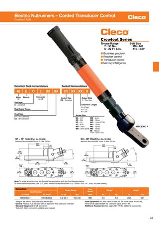 43
48ECE30C 1
Crowfoot Torque Range
Free
Speed Weight* Length
Model Number
15° Head 30° Head ft. lbs. Nm RPM lbs. kg in. mm
48ECE30C1 48ECE30C3 5.2-22.1 10.5-30 860 5.5 2.3 20.5 521
*Weights are without tool cable and reaction bar.
General: All tools must be used with an approved ATG cable and controller.
Standard Equipment: Air-LB Connector.
Tools with Matrix connector available upon request.
Extra Equipment: Std. tool cable 301866-XX, RA swivel cable 301903-XX,
Inline swivel cable 301904-XX, Extension cable 301877-XX.
Additional Accessories: See pages 121-129 for additional accessories.
Crowfoot Series
Torque Range	 Bolt Size
	 7 - 30 Nm	 M6 - M8
	 5 - 22 Ft. Lbs.	 #10 - 3/8”
■ Brushless precision
■ Resolver control
■ Transducer control
■ Memory intelligence
Note: To order a tool include the Socket Nomenclature with the Tool Nomenclature.
To order individual sockets, use “CS” prefix before the required socket. (i.e. CSEA01 for a 1/4”, flush, thru hex socket.)
Electric Nutrunners – Corded Transducer Control
Crowfoot Tools
.61”
(15.49)
.97”
(24.63)
.75”
(19)
3.00”
(76.2)
30°
R.63”
(16)
1.25”
(31.75)
1.50”
(38.1)
.25”
(6.35)
C3 – 30° Head (Part No. 301960)
Maximum Recommended Torque: 22 ft.lbs. (30 Nm)
15°
.61”
(15.49)
1.09”
(27.86)
.75”
(19)
3.00”
(76.2)
2.66”
(67.56)
1.50”
(38.1)
1.25”
(31.75)
R.63”
(16)
.25”
(6.35)
C1 – 15° Head (Part No. 301959)
Maximum Recommended Torque: 22 ft.lbs. (30 Nm)
Max Output Torque
Head Type
C1 - 15° Crowfoot
C3 - 30° Crowfoot
Motor
48
Tool Style
C – Crowfoot
Electric
Socket Size
EA – 1/4”	 MC – 9mm
EC – 3/8	 MD – 10mm
EE – 1/2	ME – 11mm (7/16)
EF – 9/16	 MF – 12mm
MA – 7mm	 MG – 13mm
MB – 8mm (5/16)	MH – 14mm
	MI – 15mm*
	 *Fragile. Light duty apps.
Socket NomenclatureCrowfoot Tool Nomenclature
Output Style
1 – Thru Hex
Socket Type
CS – Crowfoot
Extension Length
0 – Flush
4 – 1/2”
6 – 3/4”
	 48	E	C	E	XX	XX	CS	XX	XX	X
Connector
Air-LB
 