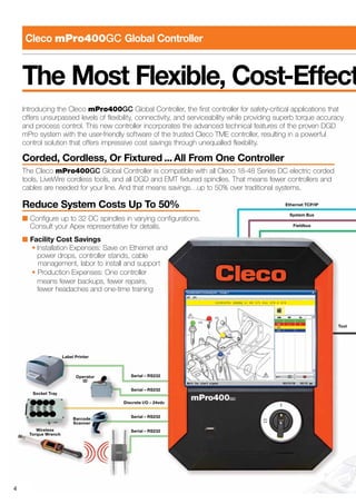 Label Printer
Ethernet TCP/IP
System Bus
Fieldbus
Tool
Serial – RS232
Serial – RS232
Discrete I/O – 24vdc
Serial – RS232
Serial – RS232
Socket Tray
Wireless
Torque Wrench
Operator
ID
Barcode
Scanner
4
Cleco mPro400GC Global Controller
The Most Flexible, Cost-Effect
Introducing the Cleco mPro400GC Global Controller, the first controller for safety-critical applications that
offers unsurpassed levels of flexibility, connectivity, and serviceability while providing superb torque accuracy
and process control. This new controller incorporates the advanced technical features of the proven DGD
mPro system with the user-friendly software of the trusted Cleco TME controller, resulting in a powerful
control solution that offers impressive cost savings through unequalled flexibility.
Corded, Cordless, Or Fixtured ... All From One Controller
The Cleco mPro400GC Global Controller is compatible with all Cleco 18-48 Series DC electric corded
tools, LiveWire cordless tools, and all DGD and EMT fixtured spindles. That means fewer controllers and
cables are needed for your line. And that means savings…up to 50% over traditional systems.
Reduce System Costs Up To 50%
■	Configure up to 32 DC spindles in varying configurations.
	 Consult your Apex representative for details.
■	Facility Cost Savings
		•	Installation Expenses: Save on Ethernet and
			 power drops, controller stands, cable
			 management, labor to install and support
		• Production Expenses: One controller
			 means fewer backups, fewer repairs,
			 fewer headaches and one-time training
 