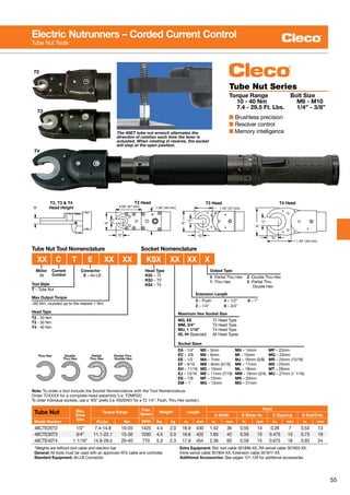 55
T2
T3
T4
“B”
T2, T3 & T4
Head Height
“A”
2.63” (67 mm) 1.56” (40 mm)
T2 Head T3 Head
1.44” (37 mm)
“A”
“C”
“D”
T4 Head
1.94” (49 mm)
“A”
“C”
“D”
“C”
“D”
Tube Nut Max.
Drive
Size
Torque Range
Free
Speed
Weight* Length
Head
A Width B Blade Ht. C Opening D End/Cntr.
Model Number Ft.Lbs. Nm RPM lbs. kg in. mm in. mm in. mm in. mm in. mm
48CTE20T2 1/2” 7.4-14.8 10-20 1425 4.4 2.0 16.9 430 1.42 36 0.55 14 0.28 7 0.53 13
48CTE30T3 3/4” 11.1-22.1 15-30 1030 4.5 2.0 16.6 422 1.65 42 0.59 15 0.475 13 0.73 19
48CTE40T4 1 1/16” 14.8-29.5 20-40 770 5.3 2.3 17.9 454 2.36 60 0.59 15 0.675 18 0.93 24
*Weights are without tool cable and reaction bar.
General: All tools must be used with an approved ATG cable and controller.
Standard Equipment: Air-LB Connector.
Extra Equipment: Std. tool cable 301866-XX, RA swivel cable 301903-XX,
Inline swivel cable 301904-XX, Extension cable 301877-XX.
Additional Accessories: See pages 121-129 for additional accessories.
Tube Nut Series
Torque Range	 Bolt Size
	 10 - 40 Nm	 M6 - M10
	 7.4 - 29.5 Ft. Lbs.	 1/4” - 3/8”
■ Brushless precision
■ Resolver control
■ Memory intelligenceThe 48ET tube nut wrench alternates the
direction of rotation each time the lever is
actuated. When rotating in reverse, the socket
will stop at the open position.
Electric Nutrunners – Corded Current Control
Tube Nut Tools
Tube Nut Tool Nomenclature Socket Nomenclature
Max Output Torque
<60 Nm, rounded up to the nearest 1 Nm.
Head Type
T2 - 20 Nm
T3 - 30 Nm
T4 - 40 Nm
Motor
48
Tool Style
T – Tube Nut
Current
Control
Output Type
0 -Partial Thru Hex	 2 -Double Thru Hex
1 -Thru Hex	 3 -Partial Thru
	 Double Hex
Extension Length
0 – Flush	 4 – 1/2”	 8 – 1”
2 – 1/4”	 6 – 3/4”
Maximum Hex Socket Size
MG, EE	 T2 Head Type
MM, 3/4”	 T3 Head Type
MU, 1 1/16”	 T4 Head Type
00, ## (Specials)	 All Head Types
Thru Hex Double
Thru Hex
Partial
Thru Hex
Partial Thru
Double Hex
Connector
E – Air-LB
Head Type
KS2 – T2
KS3 – T3
KS4 – T4
	 XX	 C	 T	 E	 XX	XX	 KSX	 XX	XX	X
Socket Sizes
EA - 1/4”	 M5 – 5mm	MH – 14mm	 MP – 22mm
EC – 3/8	 M6 – 6mm	MI – 15mm	 MQ – 23mm
EE – 1/2	MA – 7mm	MJ – 16mm (5/8)	 MR – 24mm (15/16)
EF – 9/16	 MB – 8mm (5/16)	 MK – 17mm	 MS – 25mm
EH – 11/16	 MD – 10mm	 ML – 18mm	 MT – 26mm
EJ – 13/16	 ME – 11mm (7/16)	 MM – 19mm (3/4)	 MU – 27mm (1 1/16)
EK – 7/8	 MF – 12mm	 MN – 20mm
EM – 1	 MG – 13mm	MO – 21mm
Note: To order a tool include the Socket Nomenclature with the Tool Nomenclature.
Order T2XXXX for a complete head assembly (i.e. T2MF02)
To order individual sockets, use a “KS” prefix (i.e. KS2EA01 for a T2 1/4”, Flush, Thru Hex socket.)
 