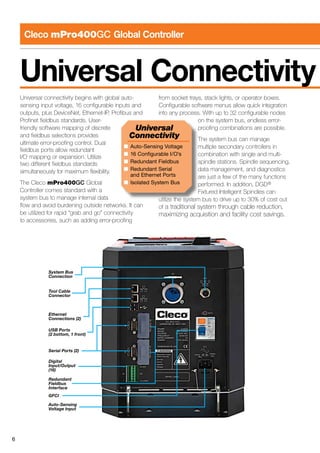 6
Cleco mPro400GC Global Controller
Universal connectivity begins with global auto-
sensing input voltage, 16 configurable inputs and
outputs, plus DeviceNet, Ethernet-IP, Profibus and
Profinet fieldbus standards. User-
friendly software mapping of discrete
and fieldbus selections provides
ultimate error-proofing control. Dual
fieldbus ports allow redundant
I/O mapping or expansion. Utilize
two different fieldbus standards
simultaneously for maximum flexibility.
The Cleco mPro400GC Global
Controller comes standard with a
system bus to manage internal data
flow and avoid burdening outside networks. It can
be utilized for rapid “grab and go” connectivity
to accessories, such as adding error-proofing
from socket trays, stack lights, or operator boxes.
Configurable software menus allow quick integration
into any process. With up to 32 configurable nodes
on the system bus, endless error-
proofing combinations are possible.
The system bus can manage
multiple secondary controllers in
combination with single and multi-
spindle stations. Spindle sequencing,
data management, and diagnostics
are just a few of the many functions
performed. In addition, DGD®
Fixtured Intelligent Spindles can
utilize the system bus to drive up to 30% of cost out
of a traditional system through cable reduction,
maximizing acquisition and facility cost savings.
Universal Connectivity
Ethernet
Connections (2)
USB Ports
(2 bottom, 1 front)
System Bus
Connection
Auto-Sensing
Voltage Input
GFCI
Serial Ports (2)
Digital
Input/Output
(16)
Redundant
Fieldbus
Interface
Tool Cable
Connector
Universal
Connectivity
■	 Auto-Sensing Voltage
■	 16 Configurable I/O’s
■	 Redundant Fieldbus
■	 Redundant Serial
	 and Ethernet Ports
■	 Isolated System Bus
 