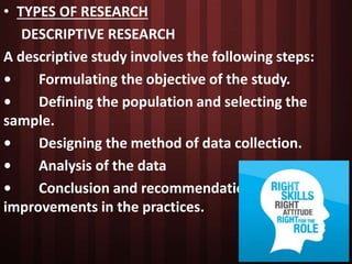 • TYPES OF RESEARCH
DESCRIPTIVE RESEARCH
A descriptive study involves the following steps:
• Formulating the objective of the study.
• Defining the population and selecting the
sample.
• Designing the method of data collection.
• Analysis of the data
• Conclusion and recommendations for further
improvements in the practices.
 