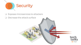 Security
❏ Exposes microservices to attackers
❏ Decrease the attack surface
 
