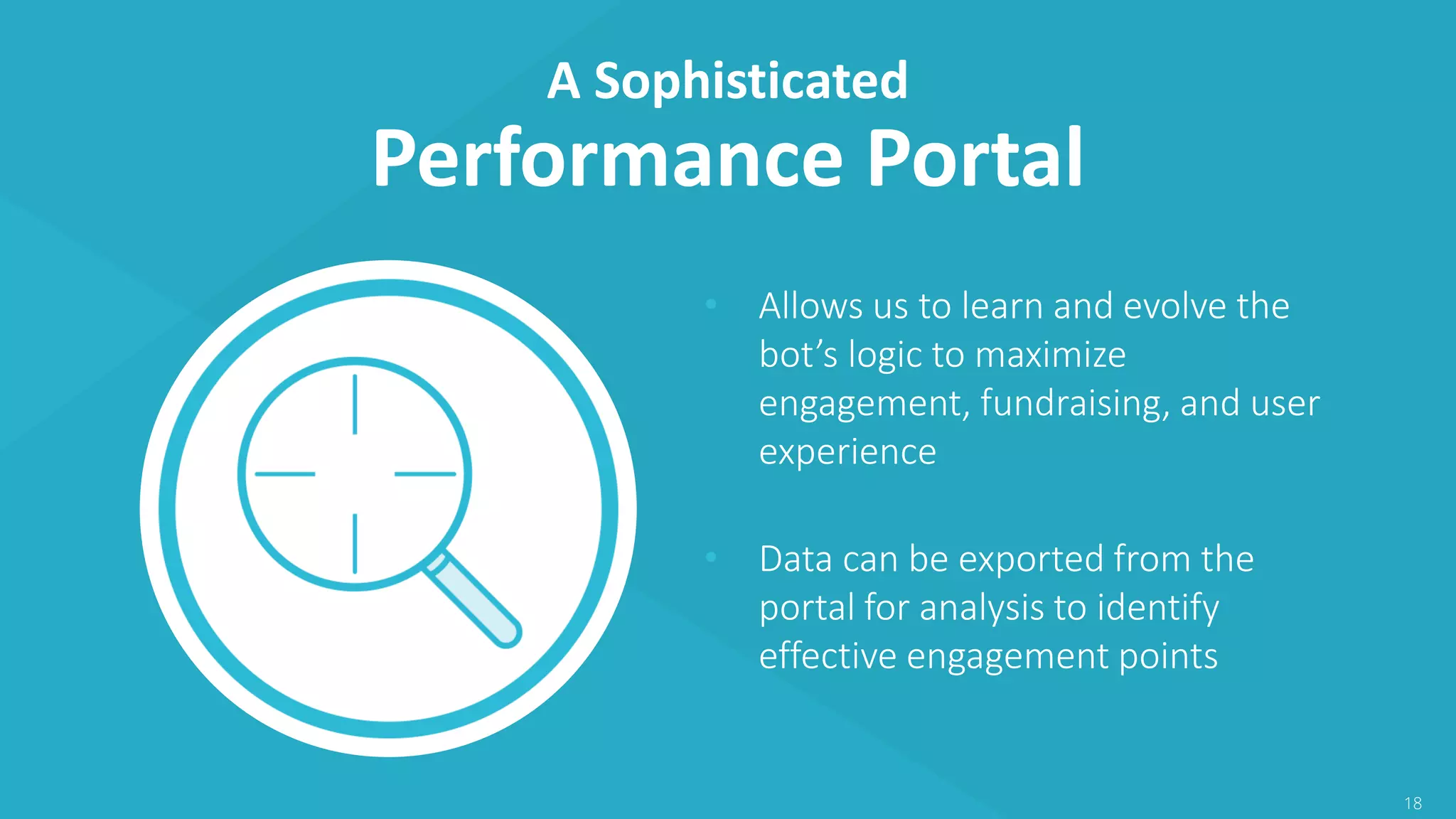 18
• Allows us to learn and evolve the
bot’s logic to maximize
engagement, fundraising, and user
experience
• Data can be exported from the
portal for analysis to identify
effective engagement points
A Sophisticated
Performance Portal
 
