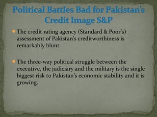 The credit rating agency (Standard & Poor’s) 
assessment of Pakistan’s creditworthiness is 
remarkably blunt 
The three-way political struggle between the 
executive, the judiciary and the military is the single 
biggest risk to Pakistan’s economic stability and it is 
growing. 
 