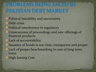 Political instability and uncertainty. 
Debt crisis 
Political interference in regulatory 
Unawareness of proceedings and new offerings of 
financial products. 
Lack of accountability 
Issuance of bonds is not clear, transparent and proper. 
Lack of proper benchmarking in case of long term 
loans 
High Issuing Cost 
 