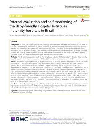 RESEARCH Open Access
External evaluation and self-monitoring of
the Baby-friendly Hospital Initiative’s
maternity hospitals in Brazil
Renara Guedes Araújo1
, Vânia de Matos Fonseca2
, Maria Inês Couto de Oliveira3
and Eloane Gonçalves Ramos2*
Abstract
Background: In Brazil, the Baby-Friendly Hospital Initiative (BFHI) proposes following the criteria, the “Ten Steps to
Successful Breastfeeding”, International Code of Marketing of Breast-milk Substitutes and Good birth and delivery
practices. Brazilian Baby-Friendly Hospitals are reassessed triennially by external evaluators and annually by self-
monitoring. This study aimed to verify if the self-monitoring system fulfills its role of enabling accredited hospitals
to assess and improve their compliance with the BFHI criteria. In this sense, we will analyze the self-monitoring
evaluation results and compare them with those of the external reassessment.
Methods: This descriptive evaluation study of the compliance with the BFHI criteria by the Brazilian Baby-Friendly
Hospitals by self-monitoring evaluators from 2010 to 2015 and by external evaluators in 2015.
Results: Self-monitoring was performed in all years from 2010 to 2015 by 143 BFHI accredited hospitals. The trend
of the levels of compliance with BFHI’s criteria according to self-monitoring evaluations was stable over the
assessed period. Most criteria presented compliance above 70%, except Step 4 (skin-to-skin contact and
breastfeeding in the first hour of life), with mean compliance of 67%. Steps 1 (written policy), 7 (rooming-in) and 9
(give no artificial teats) showed mean compliance above 90%. Regarding the external evaluation carried out in
2015, the criteria with lowest compliance were Step 4 and Woman-Friendly care, both below 50%. Steps 9 and 10
(refer mothers to breastfeeding support groups) reached levels of compliance above 90%. For 2015, self-monitoring
provided significant higher compliance levels than those from external evaluations in most criteria, except Step 3
(prenatal information on breastfeeding) and Step 10. There was a difference of more than 30% points between
evaluations of Steps 1 (written policy), 2 (training), 5 (show mothers how to breastfeed), Woman-Friendly Care and
father or mother stay with their newborn.
Conclusions: The self-monitoring system fulfilled partially its role of allowing accredited hospitals to self-assess and
improve rates of compliance with BFHI criteria. Future trainings of hospital managers need to address difficulties
and identify solutions to improve implementation of Steps 4 and 6.
Keywords: Breastfeeding, System, Monitoring, Program evaluation, Maternity hospital, Normative evaluation,
Baby-friendly hospital initiative
* Correspondence: eloane.alt@gmail.com
2
Fernandes Figueira Institute, Oswaldo Cruz Foundation, Unidade de
Pesquisa Clínica, Av. Rui Barbosa, 716, Rio de Janeiro, RJ CEP 20021-140, Brazil
Full list of author information is available at the end of the article
© The Author(s). 2019 Open Access This article is distributed under the terms of the Creative Commons Attribution 4.0
International License (http://creativecommons.org/licenses/by/4.0/), which permits unrestricted use, distribution, and
reproduction in any medium, provided you give appropriate credit to the original author(s) and the source, provide a link to
the Creative Commons license, and indicate if changes were made. The Creative Commons Public Domain Dedication waiver
(http://creativecommons.org/publicdomain/zero/1.0/) applies to the data made available in this article, unless otherwise stated.
Araújo et al. International Breastfeeding Journal (2019) 14:1
https://doi.org/10.1186/s13006-018-0195-4
 