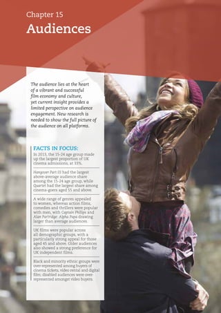 Chapter 15
Audiences
FACTS IN FOCUS:
In 2013, the 15-24 age group made
up the largest proportion of UK
cinema admissions, at 33%.
Hangover Part III had the largest
above-average audience share
among the 15-24 age group, while
Quartet had the largest share among
cinema-goers aged 55 and above.
A wide range of genres appealed
to women, whereas action films,
comedies and thrillers were popular
with men, with Captain Phillips and
Alan Partridge: Alpha Papa drawing
larger than average audiences.
UK films were popular across
all demographic groups, with a
particularly strong appeal for those
aged 45 and above. Older audiences
also showed a strong preference for
UK independent films.
Black and minority ethnic groups were
over-represented among buyers of
cinema tickets, video rental and digital
film; disabled audiences were over-
represented amongst video buyers.
The audience lies at the heart
of a vibrant and successful
film economy and culture,
yet current insight provides a
limited perspective on audience
engagement. New research is
needed to show the full picture of
the audience on all platforms.
 