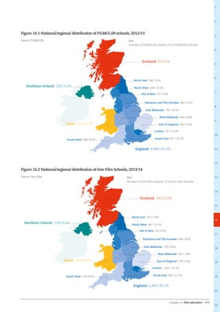 Chapter 16: Film education – 171
1
2
3
4
5
6
7
8
9
10
11
12
13
14
15
16
17
18
19
20
21
22
Figure 16.1 National/regional distribution of FILMCLUB schools, 2012/13
Source: FILMCLUB
Figure 16.2 National/regional distribution of Into Film Schools, 2013/14
Source: Into Film
Scotland 9 | 0.1%
England 6,465 | 91.9%
Northern Ireland 229 | 3.3%
Wales 334 | 4.7%
North West 929 | 13.2%
North East 394 | 5.6%
Yorkshire and The Humber 641 | 9.1%
East Midlands 742 | 10.5%
West Midlands 606 | 8.6%
East of England 641 | 9.1%
London 917 | 13.0%
South East 877 | 12.5%South West 698 | 9.9%
Key:
Number of FILMCLUB schools | % of FILMCLUB schools
Isle of Man 20 | 0.3%
Scotland 195 | 2.4%
England 6,905 | 85.7%
Northern Ireland 530 | 6.6%
Wales 392 | 4.9%
North West 961 | 11.9%
North East 473 | 5.9%
Yorkshire and The Humber 694 | 8.6%
East Midlands 770 | 9.6%
West Midlands 631 | 7.8%
East of England 738 | 9.2%
London 1,023 | 12.7%
South East 896 | 11.1%South West 719 | 8.9%
Key:
Number of Into Film Schools | % of Into Film Schools
Isle of Man 20 | 0.2%
 