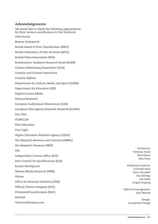 Acknowledgements – 247
Acknowledgements
We would like to thank the following organisations
for their various contributions to this Yearbook:
Attentional
Beacon Dodsworth
British Board of Film Classification (BBFC)
British Federation of Film Societies (BFFS)
British Video Association (BVA)
Broadcasters’ Audience Research Board (BARB)
Cinema Advertising Association (CAA)
Creative and Cultural Associates
Creative Skillset
Department for Culture, Media and Sport (DCMS)
Department for Education (DfE)
Digital Cinema Media
Dodona Research
European Audiovisual Observatory (EAO)
European Film Agency Research Network (EFARN)
Into Film
FILMCLUB
Film Education
First Light
Higher Education Statistics Agency (HESA)
Her Majesty’s Revenue and Customs (HMRC)
Her Majesty’s Treasury (HMT)
IHS
Independent Cinema Office (ICO)
Joint Council for Qualifications (JCQ)
Kantar Worldpanel
Nielsen Media Research (NMR)
Ofcom
Office for National Statistics (ONS)
Official Charts Company (OCC)
PricewaterhouseCoopers (PwC)
Rentrak
YourLocalCinema.com
Written by:
Vivienne Avery
Nick Maine
Alex Tosta
Additional material:
Guvinder Bans
Chris Chandler
Pip Eldridge
Jen Sobel
Angela Topping
Editorial management:
John Murray
Design:
Incorporate Design
 