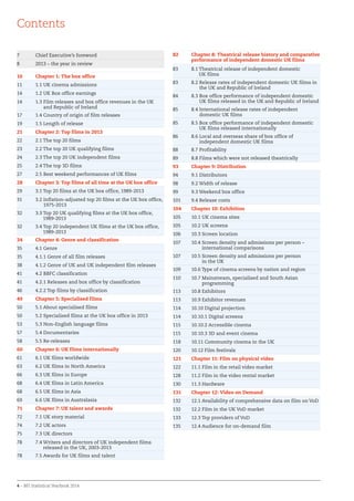 4 – BFI Statistical Yearbook 2014
Contents
7 Chief Executive’s foreword
8 2013 – the year in review
10 Chapter 1: The box office
11 1.1 UK cinema admissions
14 1.2 UK Box office earnings
14 1.3 Film releases and box office revenues in the UK
and Republic of Ireland
17 1.4 Country of origin of film releases
19 1.5 Length of release
21 Chapter 2: Top films in 2013
22 2.1 The top 20 films
23 2.2 The top 20 UK qualifying films
24 2.3 The top 20 UK independent films
25 2.4 The top 3D films
27 2.5 Best weekend performances of UK films
28 Chapter 3: Top films of all time at the UK box office
29 3.1 Top 20 films at the UK box office, 1989-2013
31 3.2 Inflation-adjusted top 20 films at the UK box office,
1975-2013
32 3.3 Top 20 UK qualifying films at the UK box office,
1989-2013
32 3.4 Top 20 independent UK films at the UK box office,
1989-2013
34 Chapter 4: Genre and classification
35 4.1 Genre
35 4.1.1 Genre of all film releases
38 4.1.2 Genre of UK and UK independent film releases
41 4.2 BBFC classification
41 4.2.1 Releases and box office by classification
46 4.2.2 Top films by classification
49 Chapter 5: Specialised films
50 5.1 About specialised films
50 5.2 Specialised films at the UK box office in 2013
53 5.3 Non-English language films
57 5.4 Documentaries
58 5.5 Re-releases
60 Chapter 6: UK films internationally
61 6.1 UK films worldwide
63 6.2 UK films in North America
66 6.3 UK films in Europe
68 6.4 UK films in Latin America
68 6.5 UK films in Asia
69 6.6 UK films in Australasia
71 Chapter 7: UK talent and awards
72 7.1 UK story material
74 7.2 UK actors
75 7.3 UK directors
78 7.4 Writers and directors of UK independent films
released in the UK, 2003-2013
78 7.5 Awards for UK films and talent
82 Chapter 8: Theatrical release history and comparative
performance of independent domestic UK films
83 8.1 Theatrical release of independent domestic
UK films
83 8.2 Release rates of independent domestic UK films in
the UK and Republic of Ireland
84 8.3 Box office performance of independent domestic
UK films released in the UK and Republic of Ireland
85 8.4 International release rates of independent
domestic UK films
85 8.5 Box office performance of independent domestic
UK films released internationally
86 8.6 Local and overseas share of box office of
independent domestic UK films
88 8.7 Profitability
89 8.8 Films which were not released theatrically
93 Chapter 9: Distribution
94 9.1 Distributors
98 9.2 Width of release
99 9.3 Weekend box office
101 9.4 Release costs
104 Chapter 10: Exhibition
105 10.1 UK cinema sites
105 10.2 UK screens
106 10.3 Screen location
107 10.4 Screen density and admissions per person –
international comparisons
107 10.5 Screen density and admissions per person
in the UK
109 10.6 Type of cinema screens by nation and region
110 10.7 Mainstream, specialised and South Asian
programming
113 10.8 Exhibitors
113 10.9 Exhibitor revenues
114 10.10 Digital projection
114 10.10.1 Digital screens
115 10.10.2 Accessible cinema
115 10.10.3 3D and event cinema
118 10.11 Community cinema in the UK
120 10.12 Film festivals
121 Chapter 11: Film on physical video
122 11.1 Film in the retail video market
128 11.2 Film in the video rental market
130 11.3 Hardware
131 Chapter 12: Video on Demand
132 12.1 Availability of comprehensive data on film on VoD
132 12.2 Film in the UK VoD market
133 12.3 Top providers of VoD
135 12.4 Audience for on-demand film
 