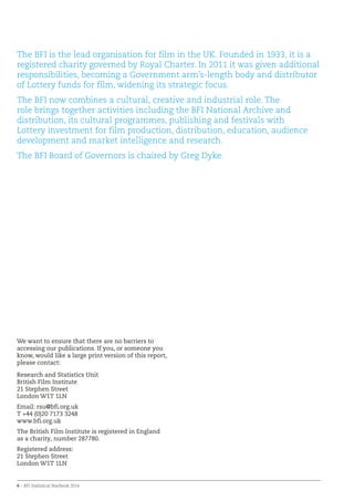 6 – BFI Statistical Yearbook 2014
We want to ensure that there are no barriers to
accessing our publications. If you, or someone you
know, would like a large print version of this report,
please contact:
Research and Statistics Unit
British Film Institute
21 Stephen Street
London W1T 1LN
Email: rsu@bfi.org.uk
T +44 (0)20 7173 3248
www.bfi.org.uk
The British Film Institute is registered in England
as a charity, number 287780.
Registered address:
21 Stephen Street
London W1T 1LN
The BFI is the lead organisation for film in the UK. Founded in 1933, it is a
registered charity governed by Royal Charter. In 2011 it was given additional
responsibilities, becoming a Government arm’s-length body and distributor
of Lottery funds for film, widening its strategic focus.
The BFI now combines a cultural, creative and industrial role. The
role brings together activities including the BFI National Archive and
distribution, its cultural programmes, publishing and festivals with
Lottery investment for film production, distribution, education, audience
development and market intelligence and research.
The BFI Board of Governors is chaired by Greg Dyke.
 