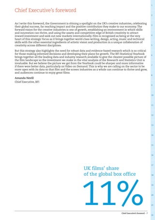 1
2
3
4
5
6
7
8
9
10
11
12
13
14
15
16
17
18
19
20
21
22
Chief Executive’s foreword – 7
Chief Executive’s foreword
As I write this foreword, the Government is shining a spotlight on the UK’s creative industries, celebrating
their global success, far reaching impact and the positive contribution they make to our economy.The
forward vision for the creative industries is one of growth, establishing an environment in which skills
and innovation can thrive, and using the assets and competitive edge of British creativity to attract
inward investment and seek out new markets internationally. Film is recognised as being at the very
heart of this strategic focus as it brings together world-class writing, design, acting, music and technical
skills with the other essential ingredients of artistic vision and production in a unique collaboration of
creativity across different disciplines.
But this strategy also highlights the need for robust data and evidence-based research which is so critical
for those making informed decisions and developing their plans for growth.The BFI Statistical Yearbook
brings together all the leading data and industry research available to give the clearest possible picture of
the film landscape so the investment we make in the vital analysis of the Research and Statistics Unit is
invaluable. But we believe the picture we get from the Yearbook could be sharper and more informative
if there were better data, particularly on Video on Demand.This is why we are calling on the sector to be
more open with its data so that film and the screen industries as a whole can continue to thrive and grow,
and audiences continue to enjoy great films.
Amanda Nevill
Chief Executive, BFI
UK films’ share
of the global box office
11%
 
