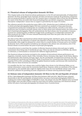 Chapter 8: Theatrical release history and comparative performance of independent domestic UK films – 83
1
2
3
4
5
6
7
8
9
10
11
12
13
14
15
16
17
18
19
20
21
22
Image: Quartet courtesy of eOne Films
8.1 Theatrical release of independent domestic UK films
This chapter looks at the theatrical release performance, in the UK and internationally, of independent
domestic UK films, by budget band. Domestic UK films are features made by UK production companies
that are produced wholly or partly in the UK. Creative input to domestic films is from the UK producers,
but some of the films are made with financial backing from non-British companies. However, the
description ‘independent’ means that no support is provided by the major US studios.
The reference period is the production years 2003 to 2011. (Production year is defined as the year
in which principal photography begins.) We have restricted our analysis to these years because
comprehensive production tracking data are available from 2003 onwards, and 2011 is the latest
production year included as we base release rates on films which were released within two years of the
start of principal photography. This will underestimate the final release rate, but provides a common
measure for comparing films of different budget levels. (Looking just at independent domestic UK
films produced up to 2009, 11% were released theatrically more than two years after the start of
principal photography.)
Our data on box office and theatrical release details (opening date, distributor, gross, etc) are supplied
by Rentrak, and so the definition of release also depends on having the release data from this company.
Occasionally a film might be released for a short time in a small number of venues and is not tracked
by Rentrak. Such a film would be included as not released in the release rate calculations, even if the
limited release occurred within two years of principal photography.
It should be borne in mind that the number of effective theatrical release slots each year is tightly
constrained, there being only 52 weekends per year. Films can also be released on DVD/Blu-ray, shown
on television, or downloaded or streamed over different digital platforms.
The theatrical release territories included in the analysis of international release performance are:
Argentina, Australia, Austria, Brazil, Chile, Colombia, France, Germany, Italy, Japan, South Korea, Mexico,
the Netherlands, New Zealand, Portugal, Spain, the UK and Republic of Ireland (one territory), the USA
and Canada (one territory) and Venezuela. These 19 territories are covered because they account for the
majority (71% in 2013, according to IHS) of the global theatrical market, and because title-matched box
office data for these territories are available.1
It is possible that the ‘true’ release rates could be higher than shown in the following Tables, as our
release information covers only the territories listed above. However, while our estimates of the release
rates based on the available data might be slightly lower than the true worldwide release rates, they
should be sufficient for providing accurate comparisons of release rates by production budget.
8.2 Release rates of independent domestic UK films in the UK and Republic of Ireland
Of the 1,546 independent domestic UK films shot between 2003 and 2011, 388 (25%) were released
theatrically in the UK and Republic of Ireland within two years of principal photography (Table 8.1).
Looking just at films with budgets of £500,000 or more, the release rate was 48%. Release rates increased
with budget, with over 80% of films made for more than £10 million achieving a UK theatrical release
within two years of principal photography (10 releases from 12 productions).
1 
For Colombia and Venezuela box office data are available only from early 2007, so it is possible that some of the earlier films were
released in these territories but were missed from the present study. The earliest box office data for Portugal, the Netherlands and
Japan are for August 2006, September 2004 and January 2004 respectively, so it is also possible that some of the films produced
before these dates are incorrectly recorded as not having been released in these territories. For the other 14 territories the box
office data are available from before 2003.
 