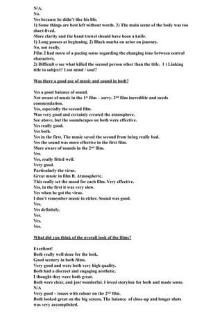 N/A.
No.
Yes because he didn’t like his life.
1) Some things are best left without words. 2) The main scene of the body was too
short-lived.
More clarity and the hand trowel should have been a knife.
1) Long pauses at beginning. 2) Black marks on actor on journey.
No, not really.
Film 2 had more of a pacing sense regarding the changing tone between central
characters.
2) Difficult o see what killed the second person other than the title. 1 ) Linking
title to subject? Lost mind / soul?
Was there a good use of music and sound in both?
Yes a good balance of sound.
Not aware of music in the 1st film – sorry. 2nd film incredible and needs
commendation.
Yes, especially the second film.
Was very good and certainly created the atmosphere.
See above, but the soundscapes on both were effective.
Yes really good.
Yes both.
Yes in the first. The music saved the second from being really bad.
Yes the sound was more effective in the first film.
More aware of sounds in the 2nd film.
Yes.
Yes, really fitted well.
Very good.
Particularly the virus.
Great music in film B. Atmospheric.
This really set the mood for each film. Very effective.
Yes, in the first it was very slow.
Yes when he got the virus.
I don’t remember music in either. Sound was good.
Yes.
Yes definitely.
Yes.
Yes.
Yes.
What did you think of the overall look of the films?
Excellent!
Both really well done for the look.
Good scenery in both films.
Very good and were both very high quality.
Both had a discreet and engaging aesthetic.
I thought they were both great.
Both were clear, and just wonderful. I loved storyline for both and made sense.
N/A
Very good – issues with colour on the 2nd film.
Both looked great on the big screen. The balance of close-up and longer shots
was very accomplished.
 