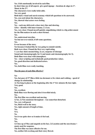 Yes. I felt emotionally involved in each film.
In short time use of all aspects give good signage – locations & edges in 1st.
Music in the 2nd.
The characters were really believable.
Yes very good.
Both had a visual and aural economy which left questions to be answered.
Yes, you card about the characters.
Yes, showed what actors were feeling.
Yes.
Yes – each one delivered a clear story line and showing.
1)Yes – identify with inner trauma. 2 ) Less.
Yes, very clear. I found myself quickly empathising which is a big achievement
for the film makers in such a short format.
Yes.
Yes, understood storyline.
Yes but not over-stated, it left some questions.
Yes.
It was because of the story.
Yes because it looked like he was going to commit suicide.
Both were clear, I found the first very captivating.
1 ) yes face shots mesmerising. 2) yes, suspense of closeups
Sound and cinematography for 1) and music and cinematography for 2).
Both films were clear with atmosphere.
Yes – clear scripting and technically good production values.
Yes, good direction and dedicated actors.
Yes.
Yes, both films were really touching.
Was the pace of each film effective?
Yes
Yes, but pace of 2nd film a little too dormant re live shots and walking – speed of
change in relationship.
A) Too long in places at the beginning after the 1st few minutes B) Just right.
Very good.
Yes.
Yes, excellent.
Both films were flowing and also it travelled nicely.
Yes.
The first film was excellent and moving.
1) Yes. 2) Not consistent throughout – was somewhat disturbed.
Yes, very well paced.
Yes, fitted well to the story.
Yes, right amount of length of time.
Yes.
N/A.
No.
Yes it was quite slow so it makes it feel sad.
Yes.
Yes.
1) Close up of Max and anguish on his face. 2) Location and the non drama +
music used for suspense.
The first film was more effective for me.
Yes, neither felt overlong and their story flowed.
 