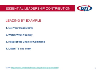 1010
LEADING BY EXAMPLE
ESSENTIAL LEADERSHIP CONTRIBUTION
1. Get Your Hands Dirty
2. Watch What You Say
3. Respect the Chain of Command
4. Listen To The Team
Quelle: http://www.inc.com/brent-gleeson/7-ways-to-lead-by-example.html
 