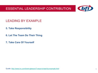 1111
LEADING BY EXAMPLE
ESSENTIAL LEADERSHIP CONTRIBUTION
5. Take Responsibility
6. Let The Team Do Their Thing
7. Take Care Of Yourself
Quelle: http://www.inc.com/brent-gleeson/7-ways-to-lead-by-example.html
 