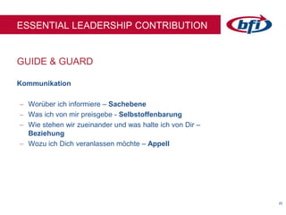 2020
GUIDE & GUARD
ESSENTIAL LEADERSHIP CONTRIBUTION
Kommunikation
 Worüber ich informiere – Sachebene
 Was ich von mir preisgebe - Selbstoffenbarung
 Wie stehen wir zueinander und was halte ich von Dir –
Beziehung
 Wozu ich Dich veranlassen möchte – Appell
 