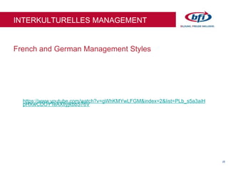 28
French and German Management Styles
INTERKULTURELLES MANAGEMENT
https://www.youtube.com/watch?v=gWhKMYwLFGM&index=2&list=PLb_s5a3aiH
pHXwCDOYTeAXIlyjkbbS76V
 