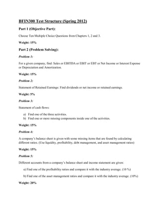 BFIN300 Test Structure (Spring 2012)
Part 1 (Objective Part):
Choose Ten Multiple Choice Questions from Chapters 1, 2 and 3.

Weight: 15%

Part 2 (Problem Solving):
Problem 1:

For a given company, find: Sales or EBITDA or EBIT or EBT or Net Income or Interest Expense
or Depreciation and Amortization.

Weight: 15%

Problem 2:

Statement of Retained Earnings: Find dividends or net income or retained earnings.

Weight: 5%

Problem 3:

Statement of cash flows:

   a) Find one of the three activities.
   b) Find one or more missing components inside one of the activities.

Weight: 15%

Problem 4:

A company’s balance sheet is given with some missing items that are found by calculating
different ratios. (Use liquidity, profitability, debt management, and asset management ratios)

Weight: 15%

Problem 5:

Different accounts from a company’s balance sheet and income statement are given:

   a) Find one of the profitability ratios and compare it with the industry average. (10 %)

   b) Find one of the asset management ratios and compare it with the industry average. (10%)

Weight: 20%
 