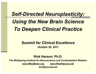 Self-Directed Neuroplasticity:
  Using the New Brain Science
   To Deepen Clinical Practice

          Summit for Clinical Excellence
                        October 29, 2011


                    Rick Hanson, Ph.D.
The Wellspring Institute for Neuroscience and Contemplative Wisdom
           www.WiseBrain.org         www.RickHanson.net
                         drrh@comcast.net                            1
 