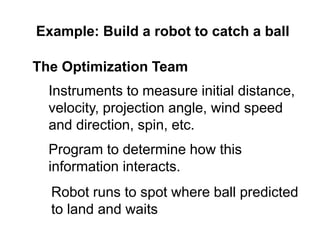 Example: Build a robot to catch a ball
The Optimization Team
Instruments to measure initial distance,
velocity, projection angle, wind speed
and direction, spin, etc.
Program to determine how this
information interacts.
Robot runs to spot where ball predicted
to land and waits
 