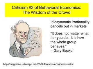 Criticism #3 of Behavioral Economics:
The Wisdom of the Crowd
Idiosyncratic Irrationality
cancels out in markets
“It does not matter what
I or you do. It is how
the whole group
behaves.”
– Gary Becker
http://magazine.uchicago.edu/0502/features/economics.shtml
 