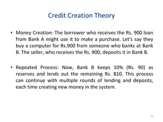 Credit Creation Theory
• Money Creation: The borrower who receives the Rs. 900 loan
from Bank A might use it to make a purchase. Let's say they
buy a computer for Rs.900 from someone who banks at Bank
B. The seller, who receives the Rs. 900, deposits it in Bank B.
• Repeated Process: Now, Bank B keeps 10% (Rs. 90) as
reserves and lends out the remaining Rs. 810. This process
can continue with multiple rounds of lending and deposits,
each time creating new money in the system.
58
 