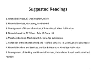 Suggested Readings
1. Financial Services, R. Shanmugham, Wiley.
2. Financial Services, Gurusamy, McGraw Hill
3. Management of Financial services, C Rama Gopal, Vikas Publication
4. Financial services, M Y Khan , Tata McGraw Hill
5. Merchant Banking, Machiraju H.R., New Age publication
6. Handbook of Merchant banking and Financial services, J.C Verma,Bharat Law House
7. Financial Markets and Services, Gordon & Natarajan, Himalaya Publication
8. Management of Banking and Financial Services, Padmalatha Suresh and Justin Paul,
Pearson
7
 