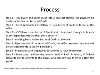 Process
Step 1 - The buyer and seller enter into a contract stating that payment be
made on the basis of Letter of Credit
Step 2 - Buyer approaches ICICI Bank to issue Letter of Credit in favour of the
seller
Step 3 - ICICI Bank issues Letter of Credit which is advised through its branch
or correspondent bank in the seller’s country
Step 4 - Advising bank advises Letter of Credit to the seller
Step 5 - Upon receipt of the Letter of Credit, the seller prepares shipment and
delivers documents to seller's bank bank
Step 6 - Presenting bank dispatches documents to ICICI for payment
Step 7 - Buyer pays the document amount to ICICI Bank. In return, ICICI Bank
forwards the documents to the buyer, who can now use them to obtain the
goods.
82
https://www.icicibank.com/business-banking/trade-service/domestic-inland-letter-of-credit
 