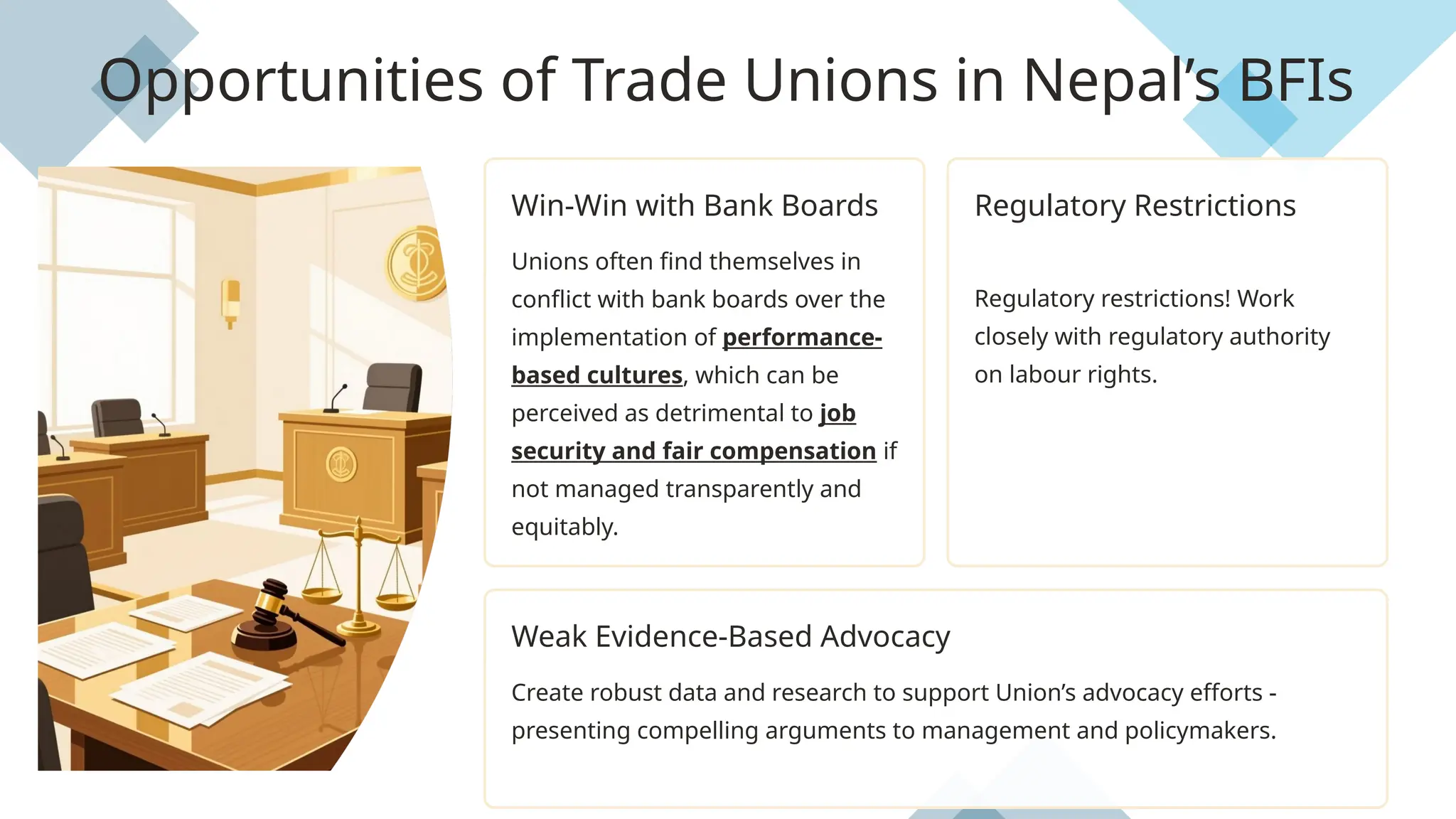 Opportunities of Trade Unions in Nepal’s BFIs
Win-Win with Bank Boards
Unions often find themselves in
conflict with bank boards over the
implementation of performance-
based cultures, which can be
perceived as detrimental to job
security and fair compensation if
not managed transparently and
equitably.
Regulatory Restrictions
Regulatory restrictions! Work
closely with regulatory authority
on labour rights.
Weak Evidence-Based Advocacy
Create robust data and research to support Union’s advocacy efforts -
presenting compelling arguments to management and policymakers.
 