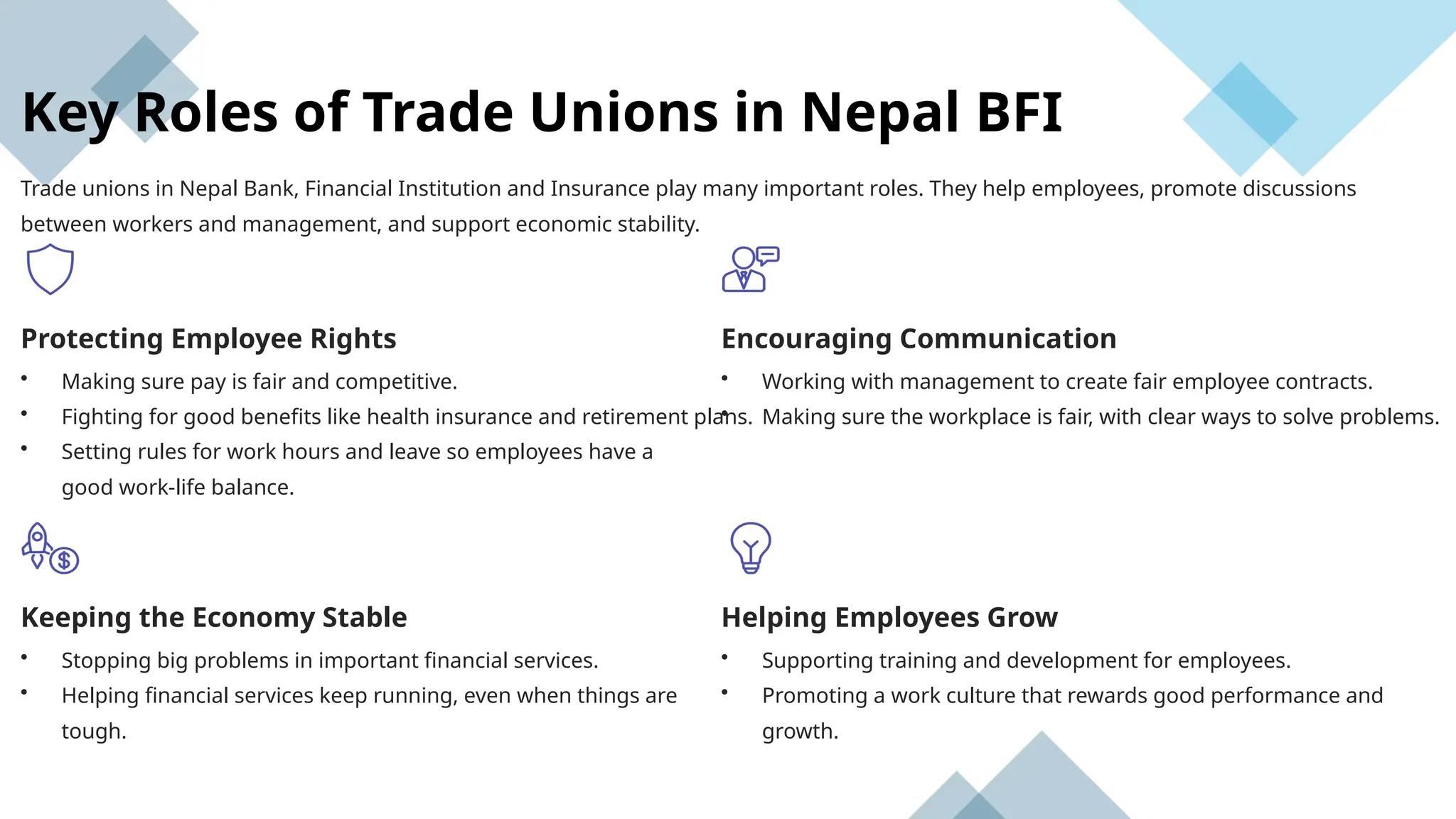 Key Roles of Trade Unions in Nepal BFI
Trade unions in Nepal Bank, Financial Institution and Insurance play many important roles. They help employees, promote discussions
between workers and management, and support economic stability.
Protecting Employee Rights
• Making sure pay is fair and competitive.
• Fighting for good benefits like health insurance and retirement plans.
• Setting rules for work hours and leave so employees have a
good work-life balance.
Encouraging Communication
• Working with management to create fair employee contracts.
• Making sure the workplace is fair, with clear ways to solve problems.
Keeping the Economy Stable
• Stopping big problems in important financial services.
• Helping financial services keep running, even when things are
tough.
Helping Employees Grow
• Supporting training and development for employees.
• Promoting a work culture that rewards good performance and
growth.
 