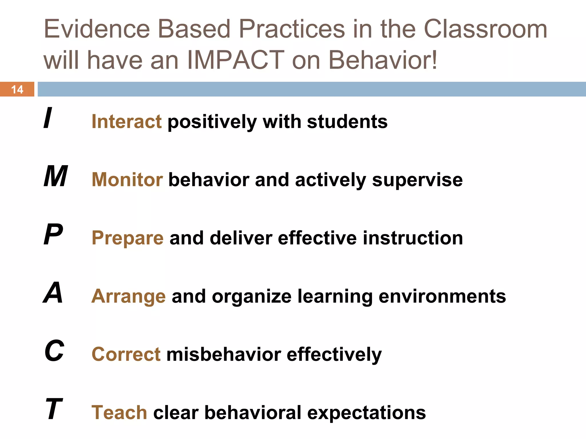 Evidence Based Practices in the Classroom
     will have an IMPACT on Behavior!
14


     I   Interact positively with students

     M   Monitor behavior and actively supervise

     P   Prepare and deliver effective instruction

     A   Arrange and organize learning environments

     C   Correct misbehavior effectively

     T   Teach clear behavioral expectations
 