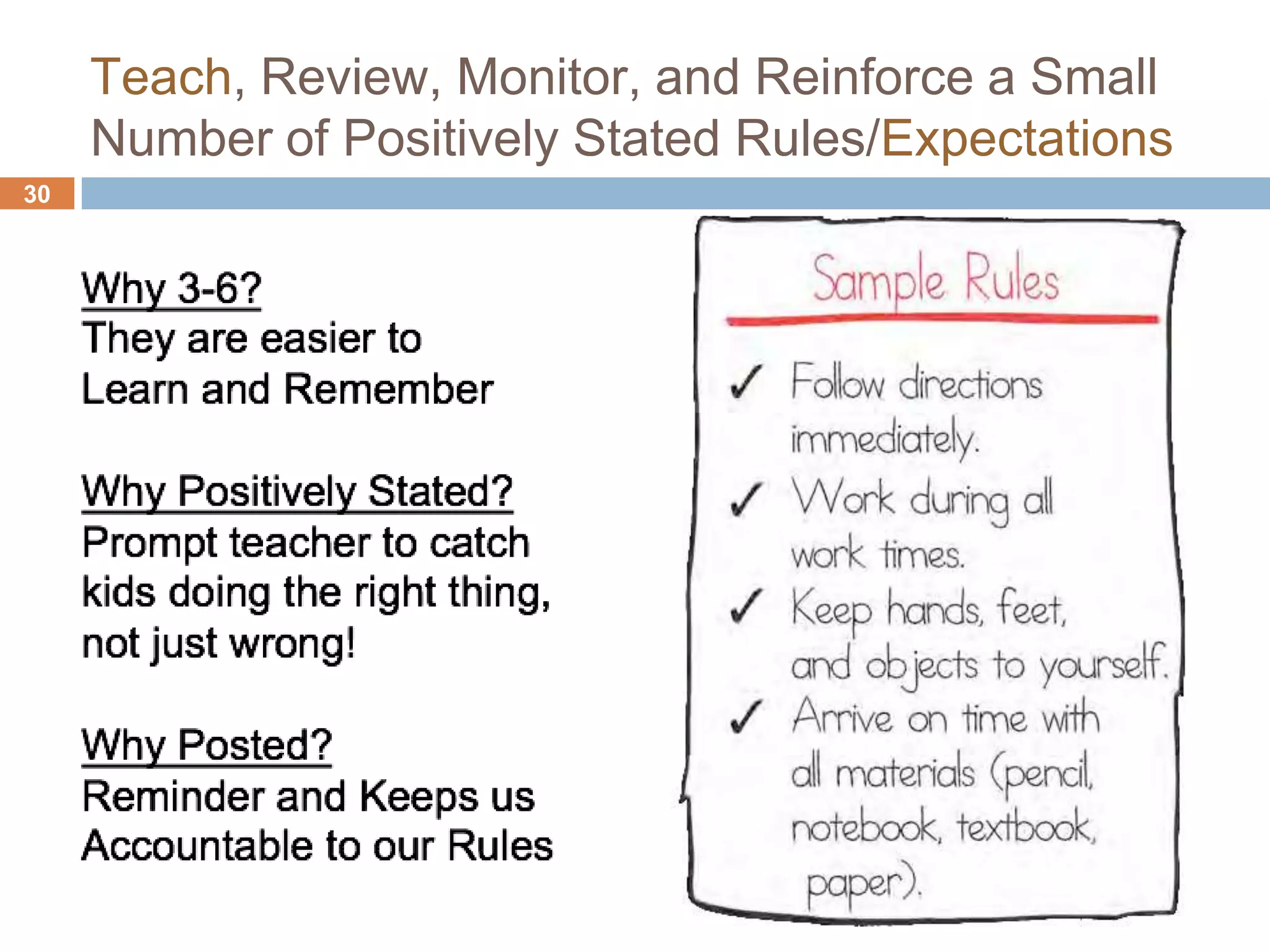 Teach, Review, Monitor, and Reinforce a Small
     Number of Positively Stated Rules/Expectations
30
 
