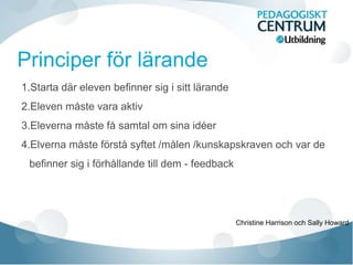 1.Starta där eleven befinner sig i sitt lärande
2.Eleven måste vara aktiv
3.Eleverna måste få samtal om sina idéer
4.Elverna måste förstå syftet /målen /kunskapskraven och var de
befinner sig i förhållande till dem - feedback
Christine Harrison och Sally Howard
 