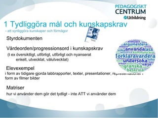 - att synliggöra kunskaper och förmågor
Styrdokumenten
Värdeorden/progressionsord i kunskapskrav
(t ex översiktligt, utförligt, utförligt och nyanserat
enkelt, utvecklat, välutvecklat)
Elevexempel
i form av tidigare gjorda labbrapporter, texter, presentationer, representationer i
form av filmer bilder
Matriser
hur vi använder dem gör det tydligt - inte ATT vi använder dem
 