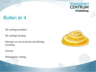 Ett verkligt problem
Ett verkligt företag
Känslan av att använda all befintlig
kunskap
Ansvar
Mottagaren verklig
 