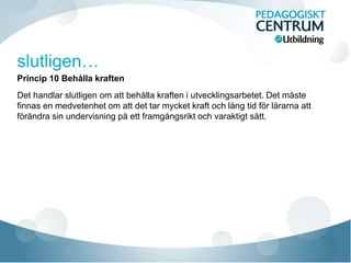 Princip 10 Behålla kraften
Det handlar slutligen om att behålla kraften i utvecklingsarbetet. Det måste
finnas en medvetenhet om att det tar mycket kraft och lång tid för lärarna att
förändra sin undervisning på ett framgångsrikt och varaktigt sätt.
 