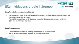 Eftermiddagens arbete i lärgrupp 
Uppgift: metoder som synliggör lärandet 
- Kom överens och välj en av de metoder som synliggör lärandet, exempelvis No Hands Up, 
miniwhiteboards, eller stoppljus. 
- Planera för hur du/ni ska använda denna metod i er dagliga undervisning, i ert ämne. 
- Glöm inte att informera eleverna. 
Uppgift: elevexempel 
- Till nästa tillfälle 5/11 tar du med dig elevexempel på tre olika nivåer 
- Har du redan uppgifter eller behöver du skapa ett moment? 
